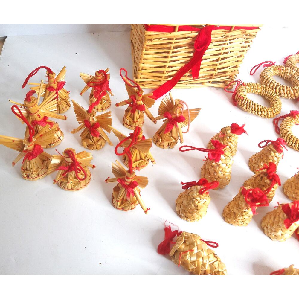 Vintage Scandinavian Straw Christmas Ornaments 33pc Set Angels Wreaths Pinecones